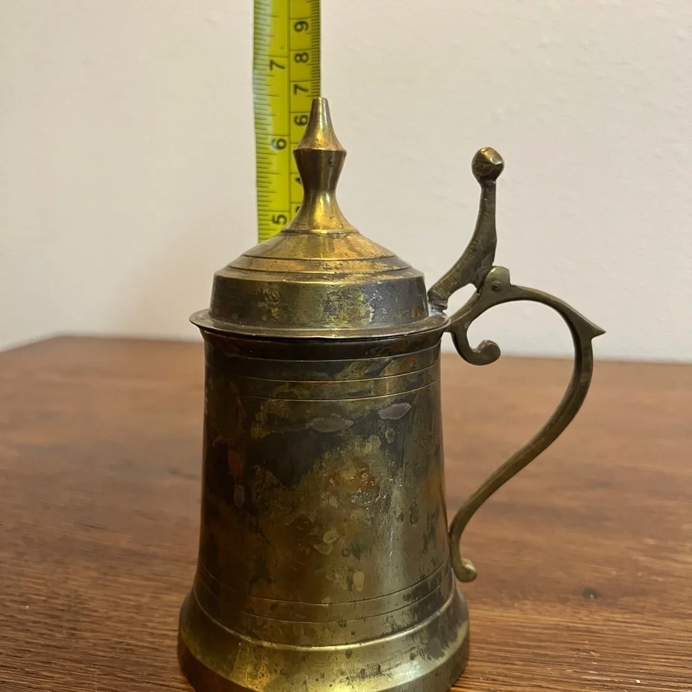 Vintage Brass Lidded Tankard Mug – Made in India – 8” Bar Décor / Collectible